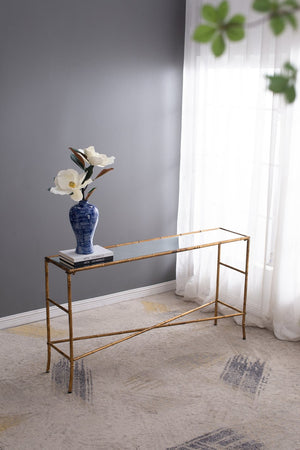 English Elm 56.5x14x30" Antique Gold Console Table with Mirrored Top — Chic Glossy Finish, Sleek Silhouette, Luxurious Foyer Statement Piece W2078P370592