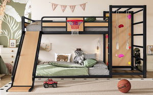 English Elm Twin Metal Loft Bed with Slide Basketball Hoop Climbing Wall and Built-in Shelves W1580S00632
