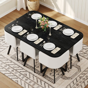 English Elm Black Wood Grain Rectangular Table with Six White Pu Upholstered Chairs Modern Set W3875S00094