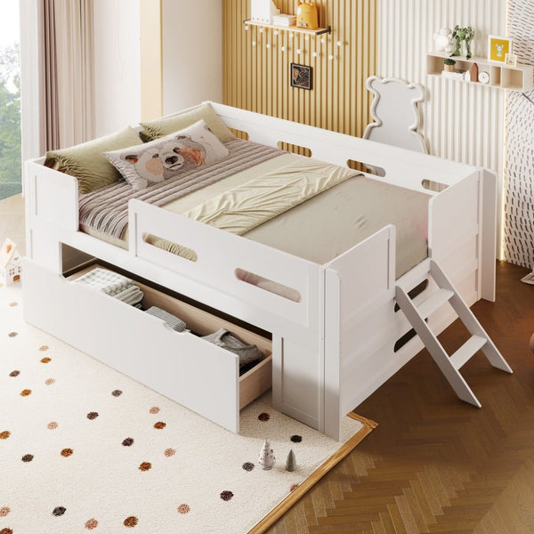 English Elm Wood Twin Platform Bed for Kids with Fence Guardrail and Under Storage Drawer White N709P385777K