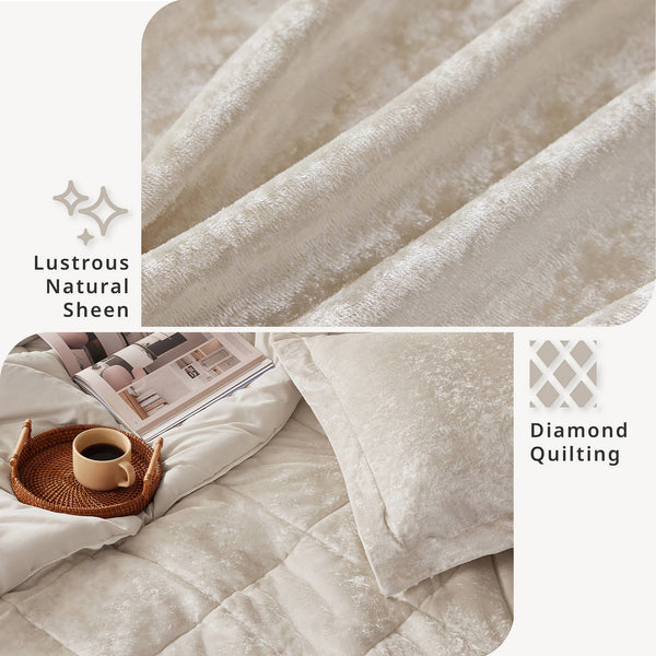 JLA Home Intelligent Design - Velvet Crushed-velvet Comforter Set with Diamond Quilting, Hypoallergenic Fill and Plush Texture Champagne ID10-2400