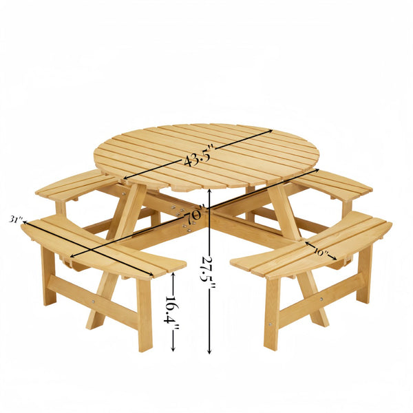 English Elm Outdoor 8 Person Round Picnic Table With 4 Benches, Umbrella Hole, Waterproof, Low Maintenance Set W2275P149764-GIGA