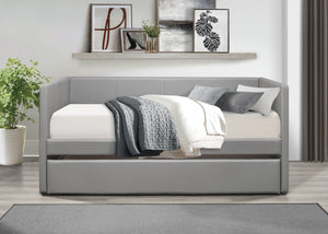 English Elm Gray Faux Leather Daybed with Pull-Out Trundle, Contemporary Upholstered Twin Guest Bed, Sleek Design B011S01506