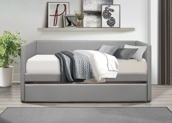English Elm Gray Faux Leather Daybed with Pull-Out Trundle, Contemporary Upholstered Twin Guest Bed, Sleek Design B011S01506