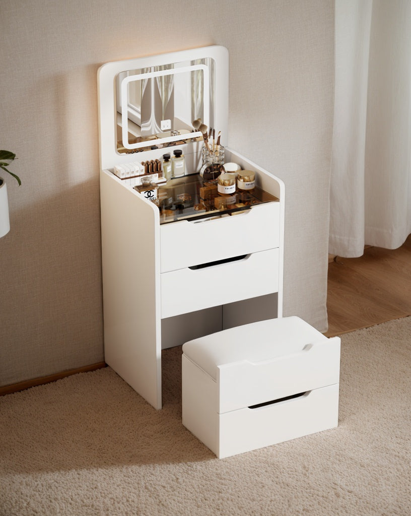 English Elm (60CM) 3-in-1 Vanity Desk with Lighted Flip Mirror, Glass Top, 3 Drawers & Cushioned Stool — White W2641P192314