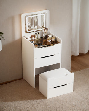 English Elm (60CM) 3-in-1 Vanity Desk with Lighted Flip Mirror, Glass Top, 3 Drawers & Cushioned Stool — White W2641P192314
