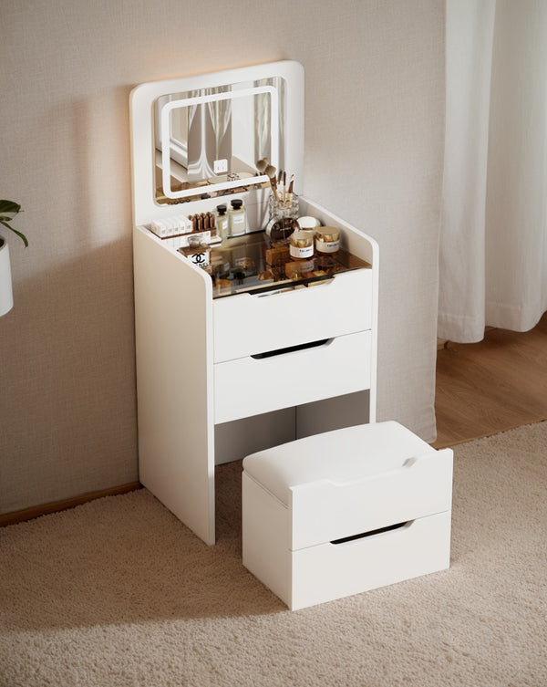 English Elm (60CM) 3-in-1 Vanity Desk with Lighted Flip Mirror, Glass Top, 3 Drawers & Cushioned Stool — White W2641P192314