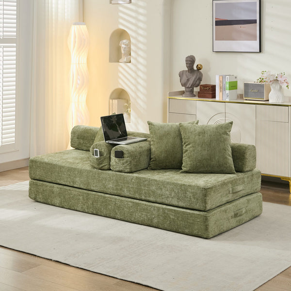 English Elm Comfy Chenille Convertible Folding Mattress Couch Sofa Bed with Armrest, Space-Saving, No Assembly Needed Green W1143P330251