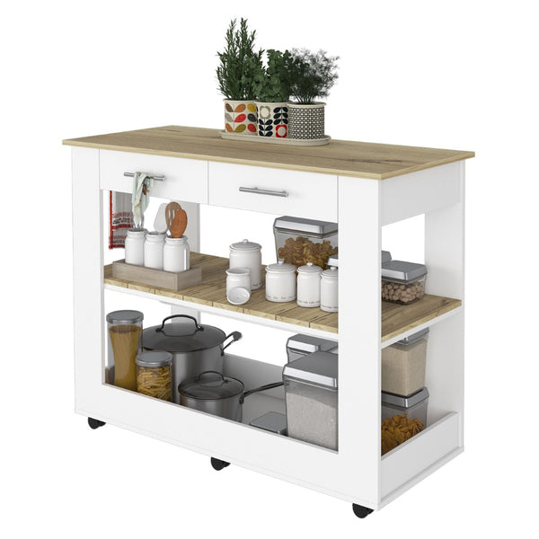 English Elm Brooklyn Rolling Kitchen Island with Two Drawers Open Shelves Rustic Farmhouse Style B128P148886