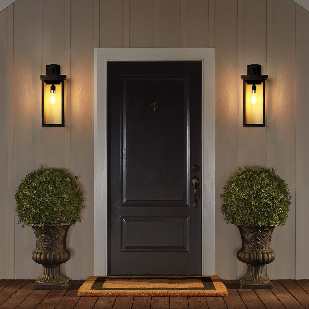 English Elm 20"(H) Set Of 2 Modern Outdoor Wall Lanterns - Black Metal Frame, Clear Glass, Dusk-To-Dawn Sensors W2312P374777
