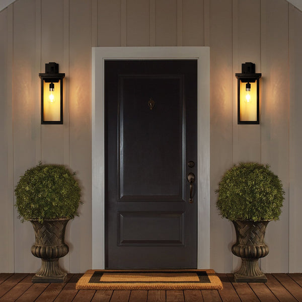English Elm 20"(H) Set Of 2 Modern Outdoor Wall Lanterns - Black Metal Frame, Clear Glass, Dusk-To-Dawn Sensors W2312P374777