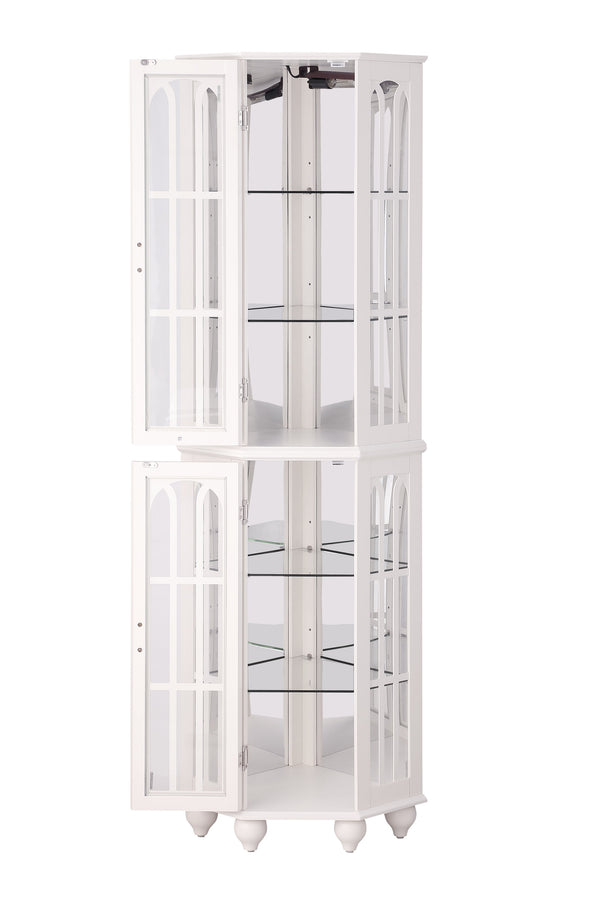 English Elm Corner Curio Cabinet with 6 Shelves, Tempered Glass Display, Built-In Lighting, Mirrored Back White W1693P216951