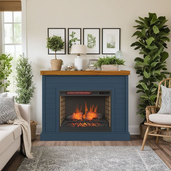 English Elm 48 Inch Fireplace Mantel with Shiplap Panels and Plank Top, Two-Tone Farmhouse Charm, Electric Heat Blue B108131559