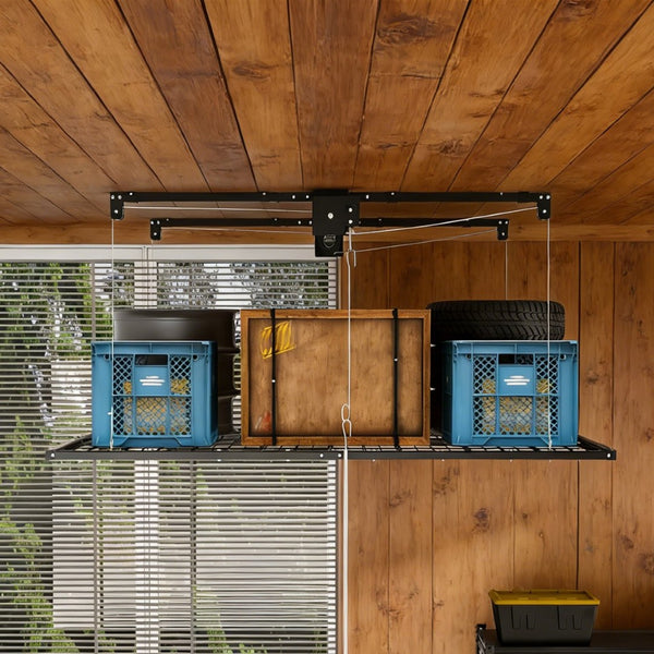 English Elm Overhead Garage Storage Rack with Crank Lowering Steel Platform for High Ceilings W2700P346226