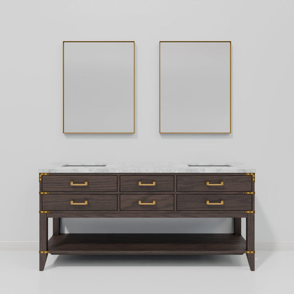 English Elm Brown Oak Double Bath Vanity With Carrara Marble Top & Mirrors - Elegant Storage Solution 72"W X 22"D B2731S01640