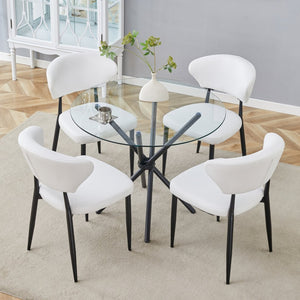 English Elm Table Set: Modern 36.6” Round Glass Dining Table With 4 Ergonomic White Pu Chairs For Comfort & Style W1151S03672-GIGA