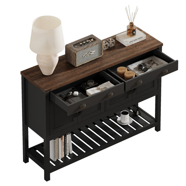 English Elm 47'' Modern Farmhouse Console Storage Table with Two Drawers Four-Door Cabinet and Slatted Shelf for Entryway Living Room Organization and Display Black,Rustic Brown T3771P372075