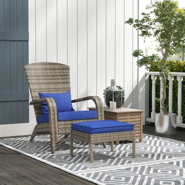 English Elm Outsunny Adirondack Chair & Ottoman Set - High-Back Wicker Outdoor Lounge With Cushions, Dark Blue W2225P174016-GIGA
