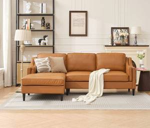 English Elm 94.5 Inch L-Shaped Genuine Leather Sofa With Left Chaise Lounge - Modern Tan Sectional Comfort W791S00022