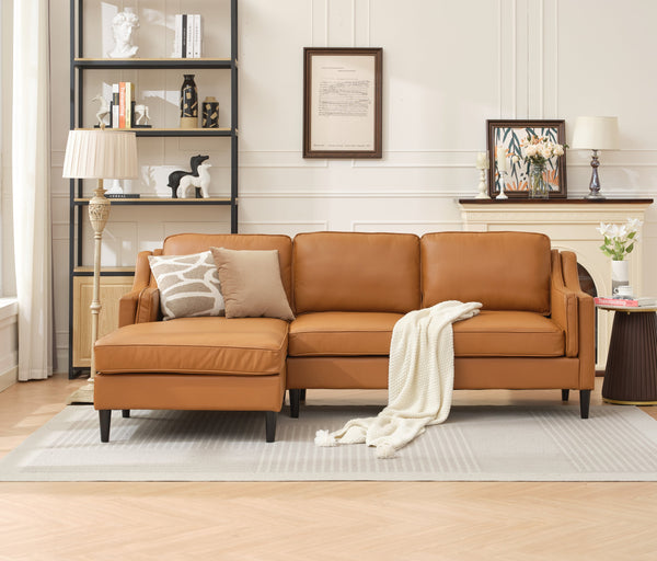 English Elm 94.5 Inch L-Shaped Genuine Leather Sofa With Left Chaise Lounge - Modern Tan Sectional Comfort W791S00022