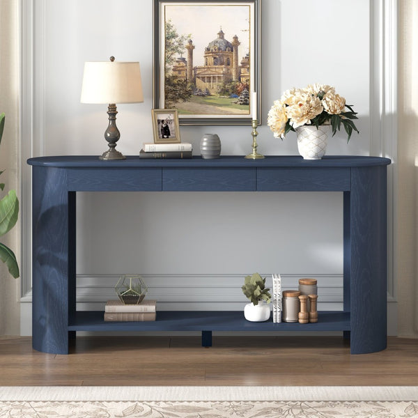 English Elm U_style Oak Veneer Console Table with 3 Drawers Open Shelf Entryway Hallway Storage Navy Blue N711P395523C