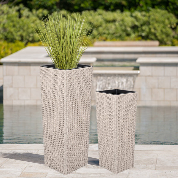 English Elm Christopher Knight Home® - Outdoor PE Wicker Flower Pots Set — 2 Beige PE Rattan Planters with Iron Frame, Drainage, No Assembly N772P247720E