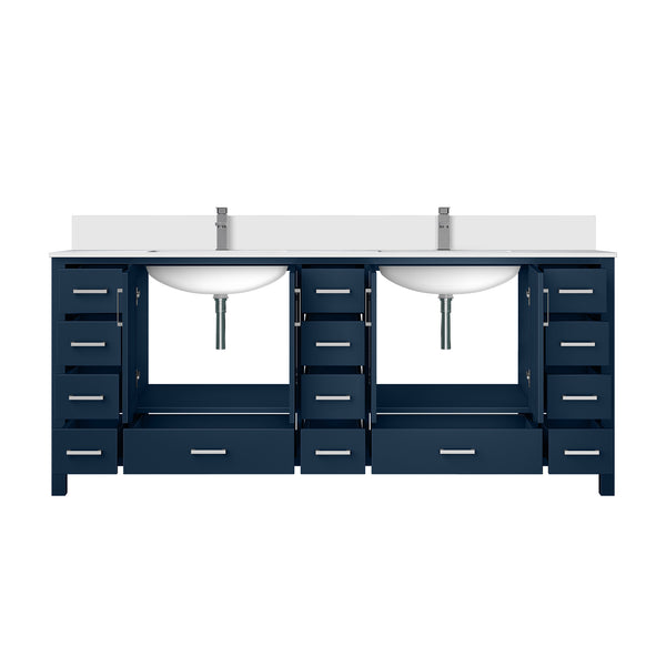 English Elm Navy Wood Double Bath Vanity 84" W x 22" D with White Quartz Top, Chrome Faucet, Soft-Close Drawers B2731P259165
