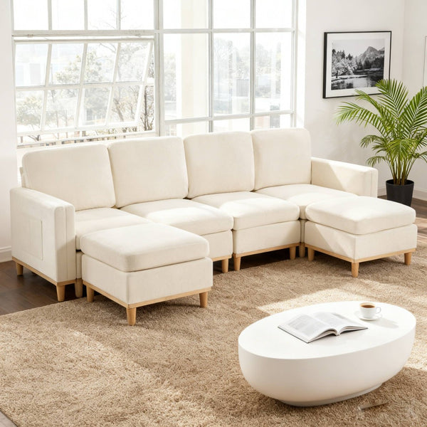 English Elm Modern Modular Sectional Sofa with Plush Cushions and Tapered Legs for Living Rooms Beige+White W2085S00106