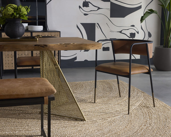 Sunpan Brenan Dining Armchair – Elegant Curved Backrest, Faux Leather Comfort, Black Metal Frame, Unique Craftsmanship Bravo Cognac