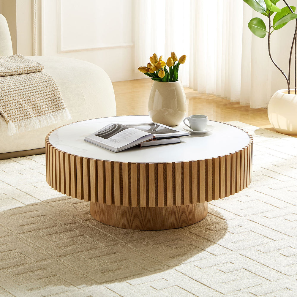 English Elm 35.43'' Modern Nesting Round Sintered Stone Tabletop — Compact Pedestal Coffee Table for Apartments Oak W876P262208