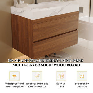 English Elm 29.9" Floating Bathroom Vanity Sintered Stone Top Soft Close Drawers Bronze Gold Hardware W3136S00041