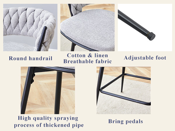 English Elm A set of four rotating bar stools with breathable cotton-linen cushions, 360° swivel, durable metal frame, retro flair Antique grey white W2920S00060