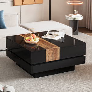 English Elm 31.4'' X 31.4'' Square Coffee Table With Sliding Tabletop, High Gloss Center Table With Hidden Storage Compartment, Extendable Cocktail Table With Walnut Grain Finish For Living Room, Black