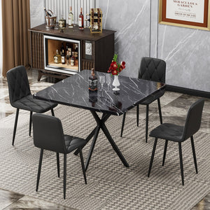 English Elm Square MDF Dining Set for 4 with Faux Marble Top, Mid-Century Modern Iron Legs, Easy-Clean Surface Black W578S00027
