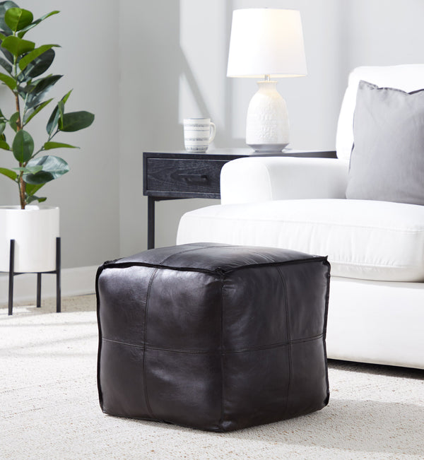 English Elm Cobbler Leather and Canvas Pouf Ottoman by LumiSource — Industrial Stitching, Recycled Cotton Fill, 20" Square Black B202P223719