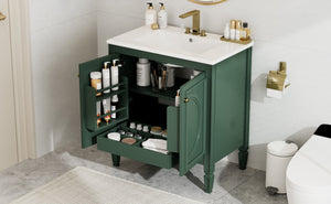 English Elm Christopher Knight Home® - 30" Bathroom Vanity with Sink Vintage Freestanding Ceramic Top Soft-Close Doors Gold Knobs, Storage Green N759P226000F