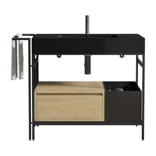 English Elm FORTE 36" Industrial Modular Bathroom Vanity with Durable Metal Frame, Quartz Basin, Soft-Close Drawer Black,Oak W1865S00175