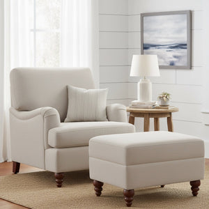 English Elm Candor Beige Sea Oat Chair & Ottoman Set — English Roll Arms, Pocket Springs, Walnut Legs, Plush Comfort B050S00002