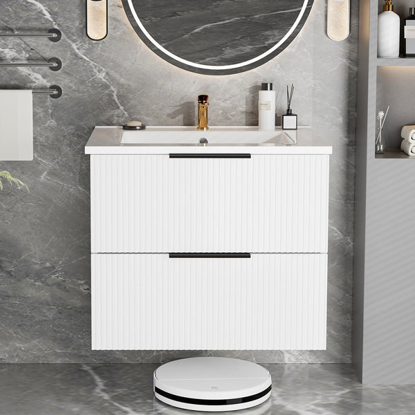 English Elm 24 Compact Bathroom Vanity with Sink — Floor-Standing Stability, Soft-Close Drawers, Large Storage, Durable Finish Matte White 26.38 L x 22.83 W x 7.87 H W3520S00004