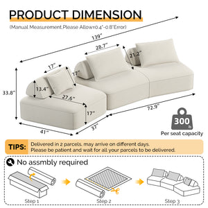 English Elm 139" Modern Oversized Modular Sectional Sofa Set - Fluffy Chenille Upholstery, Deep Seats, Removable Backrests, Plush Pillows, No Assembly Required Beige W3219S00001