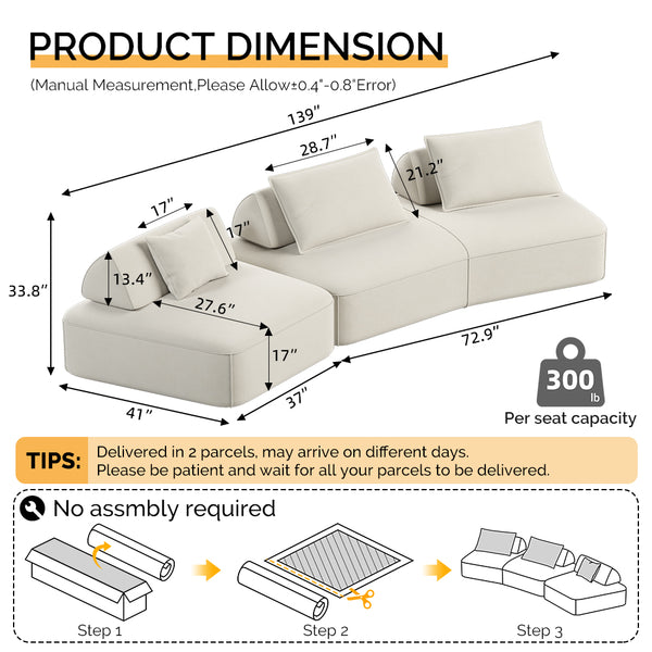 English Elm 139" Modern Oversized Modular Sectional Sofa Set - Fluffy Chenille Upholstery, Deep Seats, Removable Backrests, Plush Pillows, No Assembly Required Beige W3219S00001