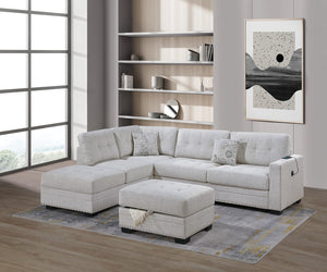 English Elm Living L-Shaped Sectional Sofa Set with Reversible Chaise, Tufted Burlap Fabric, Storage Ottoman, USB Port Beige,Neutral 34 L x 26 W x 65 H B011S01776