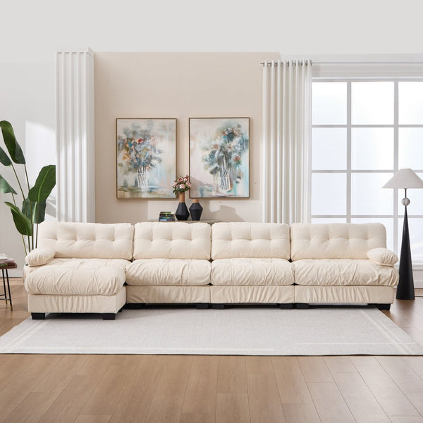 English Elm Modular Cloud Sofa Deep Seat Flannelette Sectional with Round Armrests for Living Room Beige W2120S00049