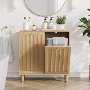 English Elm Sloping Tilt Out Laundry Cabinet with Dual Hamper Bins Oak Mdf Bathroom Storage W1706P465303