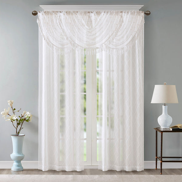 JLA Home Madison Park - Diamond Sheer Valance with Embroidered Diamond Motif, Tassel Trim, Waterfall Drape for Soft Light White MP41-4933