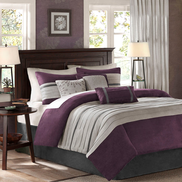 JLA Home Madison Park - 7 Madison Park Palmer Faux Suede Comforter Set – 7-Piece Plush Plum & Grey Microsuede with Embroidered Pillows, Machine Washable MP10-305