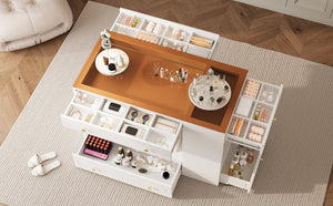 English Elm Closet Elegant walk-in island with glass display top, 6 drawers and open shelves for organized storage White 39.76 L x 17.32 W x 12.2 H N733S304513K