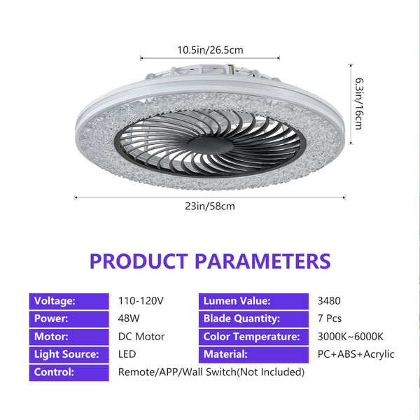 English Elm 23 Inch Bladeless Flush Mount Ceiling Fan Rgb Light Ring Copper Motor Low Profile W1340P461541