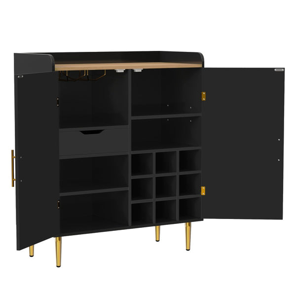 English Elm Modern Fluted Bar Cabinet with Wine Rack Glass Holders Adjustable Shelving and Hidden Drawer Black N728P438606B