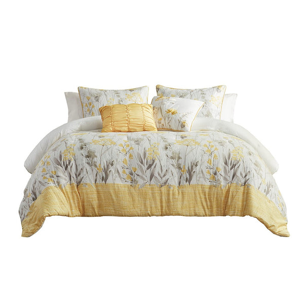 English Elm 5 Piece Seersucker Comforter Set with Throw Pillows Floral Cottage Farmhouse Microfiber Hypoallergenic Yellow 18.9 L x 23.62 W x 7.87 H B035P148356